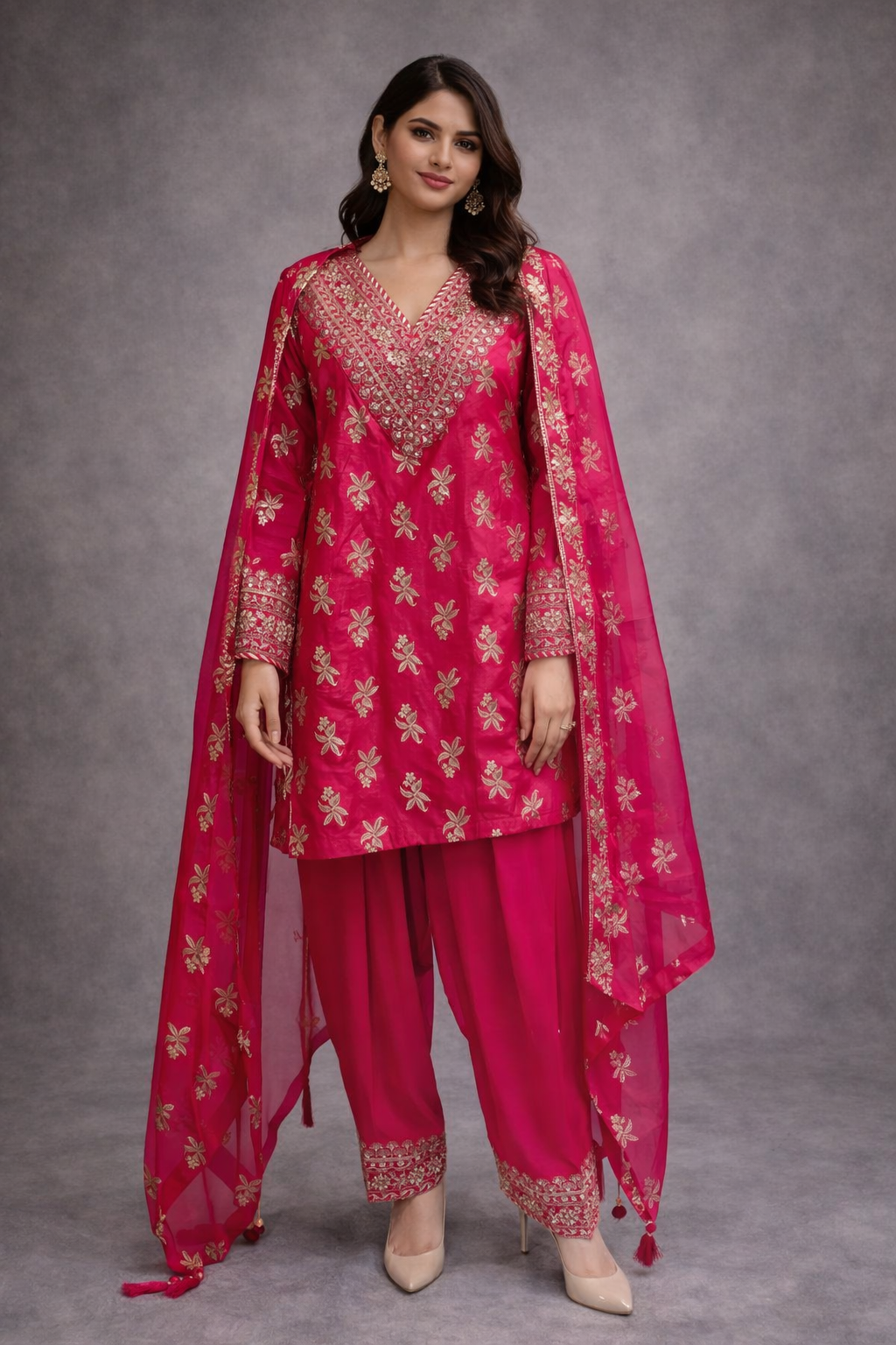 Hot Pink Embroidered Silk Kurta Sharara Set with Dupatta for Women